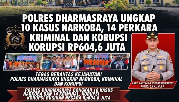 BREAKING NEWS | INTELKRIMINAL.CO.ID  Polres Dharmasraya Ungkap 10 Kasus Narkoba, 14 Perkara Kriminal dan Dugaan Korupsi Rp604,6 Juta